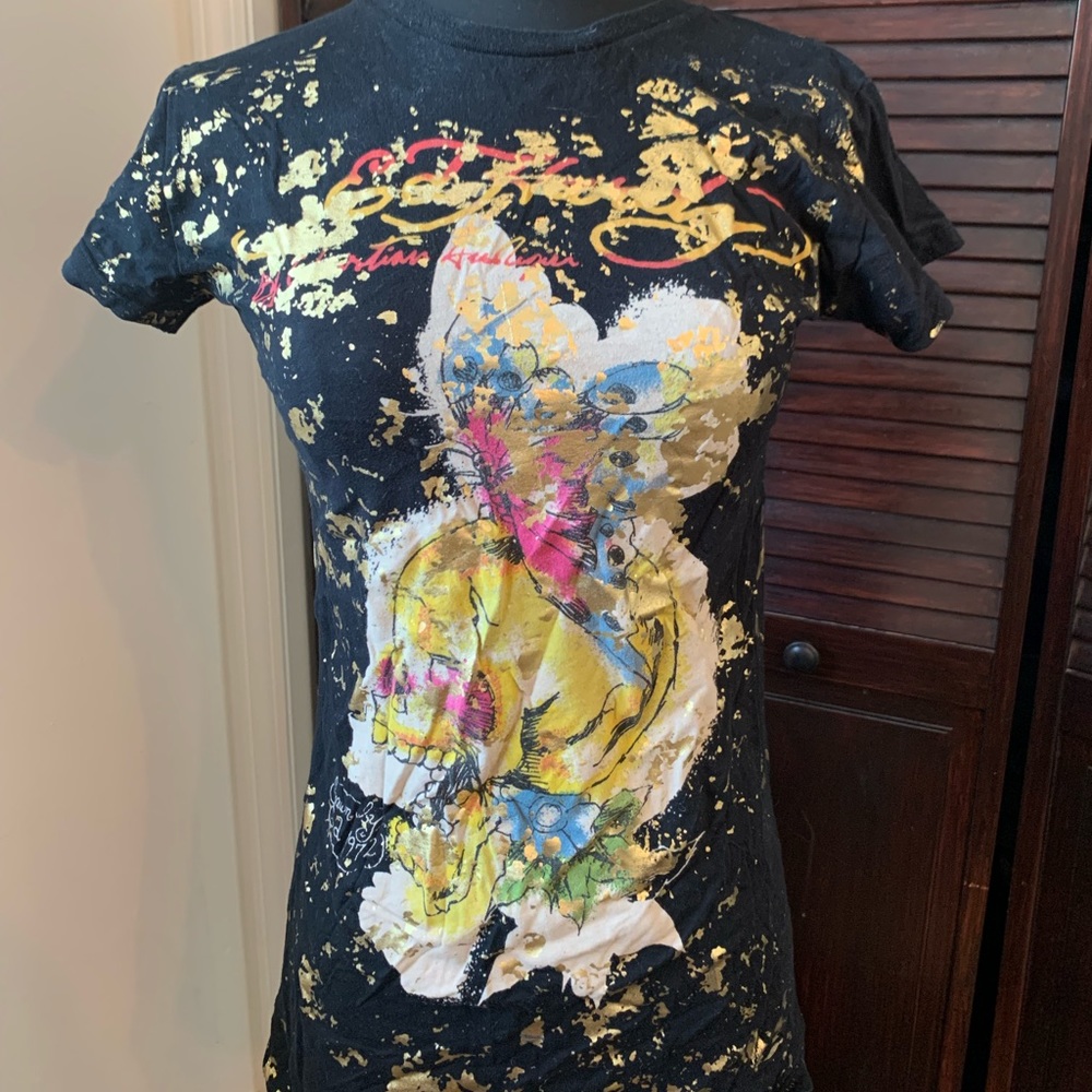 VINTAGE ED HARDY TSHIRT / size medium / skull & butterfly / short sleeve tunic - Picture 4 of 10
